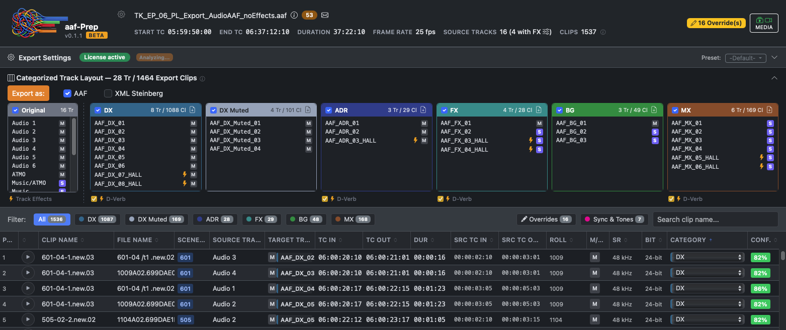 aaf-Prep desktop app: categorized track layout with DX, ADR, FX, BG, MX columns and a clip table below.